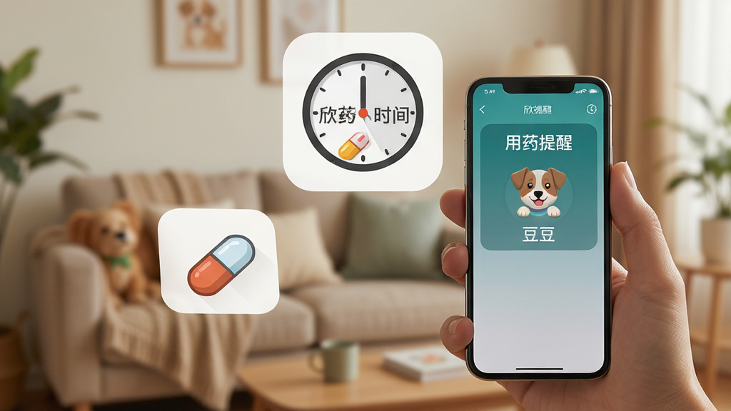 画面主体为一只手正拿着智能手机,屏幕显示欣宠药品的提醒闹钟界面,背景是模糊的温馨客厅场景。手机上方悬浮一个放大的时钟图标和药丸图标,时钟指向用药时间。布局采用手持视角,手机位于画面右侧三分之一处,左侧有空间展示悬浮图标。风格为写实摄影风格结合轻微数字处理,细节突出屏幕上的“用药提醒”和宠物名字“豆豆”,光线柔和,画质细腻,干净无多余元素。