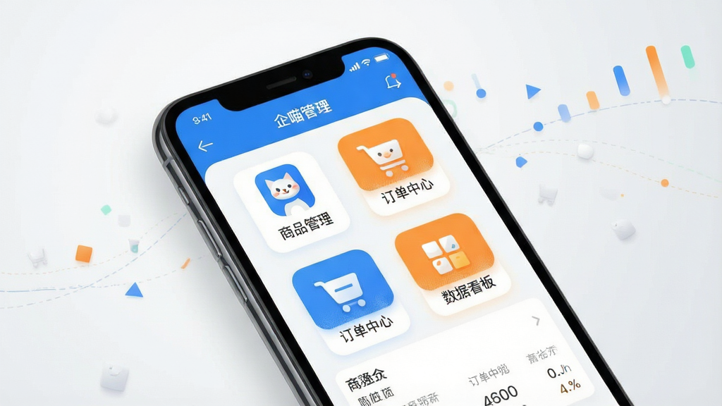 一张展示企喵软件核心功能的预览图,图片主体为智能手机屏幕,屏幕内清晰显示企喵的店铺管理主界面,包含商品管理、订单中心、数据看板等图标。布局采用居中构图,手机略微倾斜,背景为干净的浅灰色渐变。风格为现代扁平化UI设计,细节上突出图标精致、色彩明快(主色调为蓝色与橙色),画质高清,干净无多余元素。
