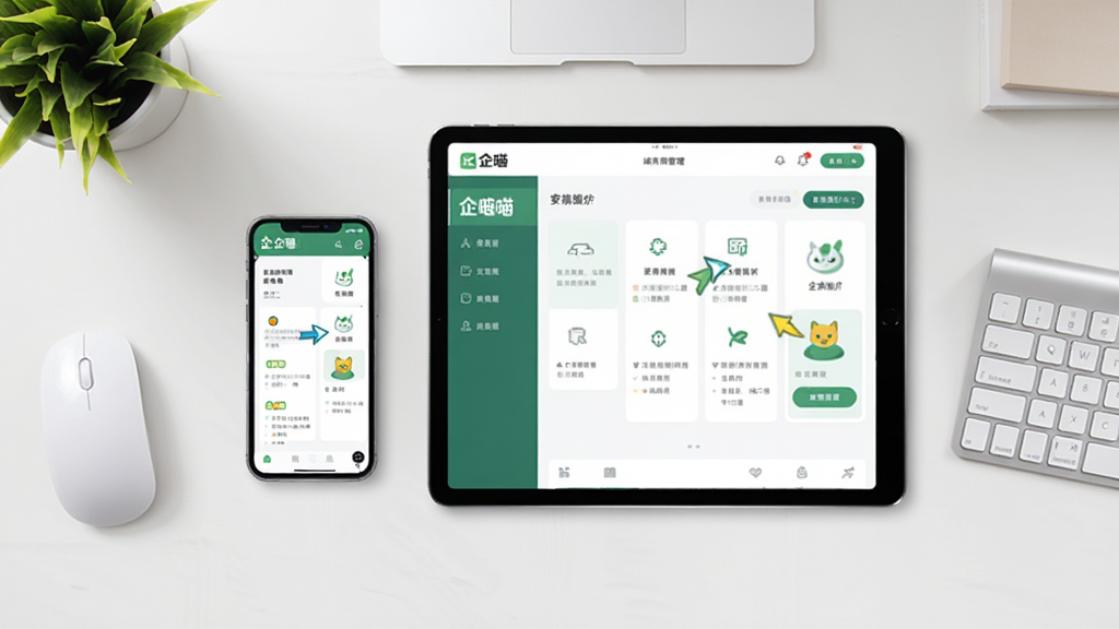 企喵应用使用教学场景图,主体为一部手机和一台平板电脑并排摆放,屏幕中均显示企喵的店铺管理界面,旁边有鼠标和键盘。布局为俯拍视角,设备居中,背景为简约书桌,有绿植点缀。风格清新明亮,细节包括屏幕中的操作指示箭头,画质干净无多余元素。