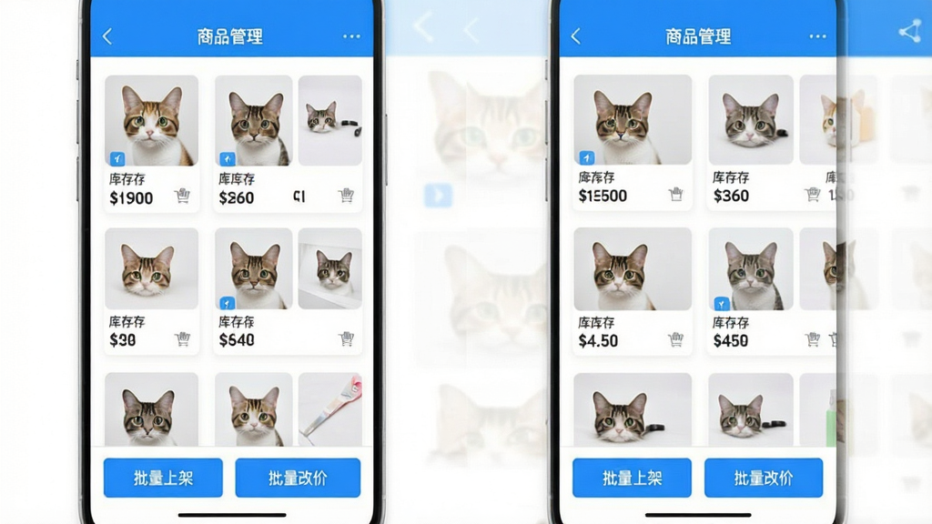 企喵APP的店铺管理功能界面截图,主体为手机纵向屏幕,屏幕上方显示“商品管理”标题,下方排列着商品缩略图与价格标签,底部有“批量上架”“批量改价”按钮。布局为列表式排列,每行一个商品卡片,风格清新商务,以白色为底色,辅以蓝色强调色,细节清晰可见商品图片与库存数字,画质干净无多余元素。