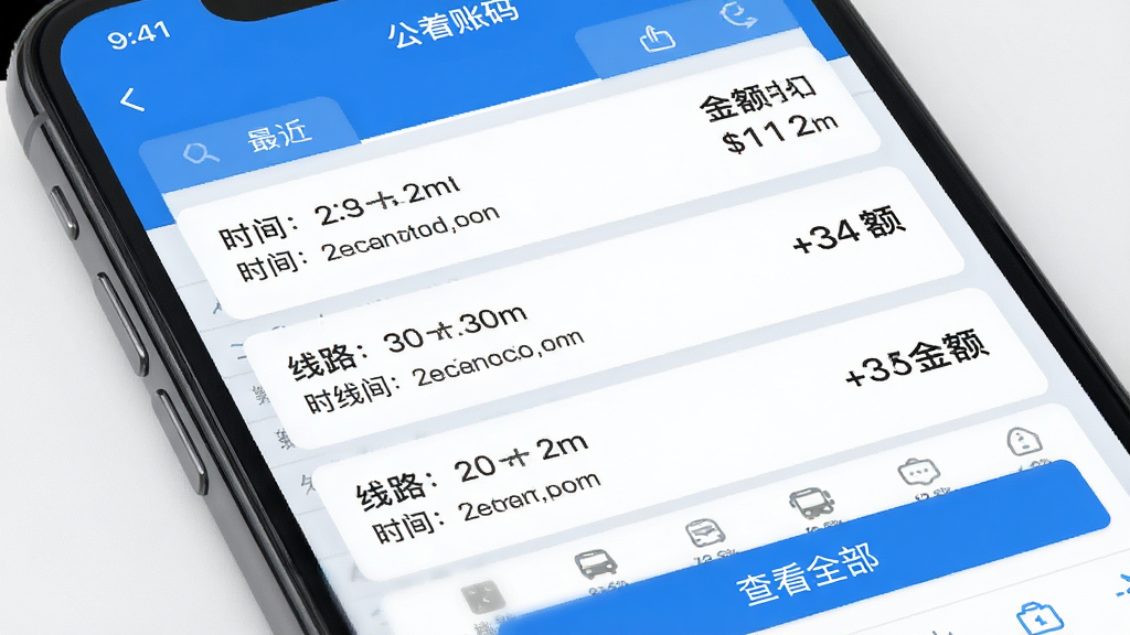 公交坐车码应用账单页面,手机屏幕显示最近三笔乘车记录,每笔记录包含时间、线路、金额,底部有