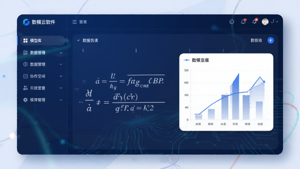 数模云软件主界面预览图,主体为深蓝色科技感界面,左侧导航栏列出模型库、数据管理、协作空间等模块,中央区域展示一个正在编辑的数学公式和图表,布局清晰,排版专业,风格现代简约,细节包括柔和的光影和圆角卡片设计,画质高清干净,无多余元素