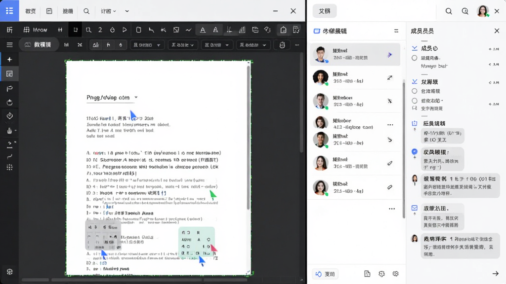 数模云多人协作编辑界面,主体为分屏布局,左侧是共享文档编辑区,右侧为成员列表和聊天窗口,布局合理,排版简洁,风格商务化,细节显示光标颜色区分不同成员,画质清晰,无多余元素