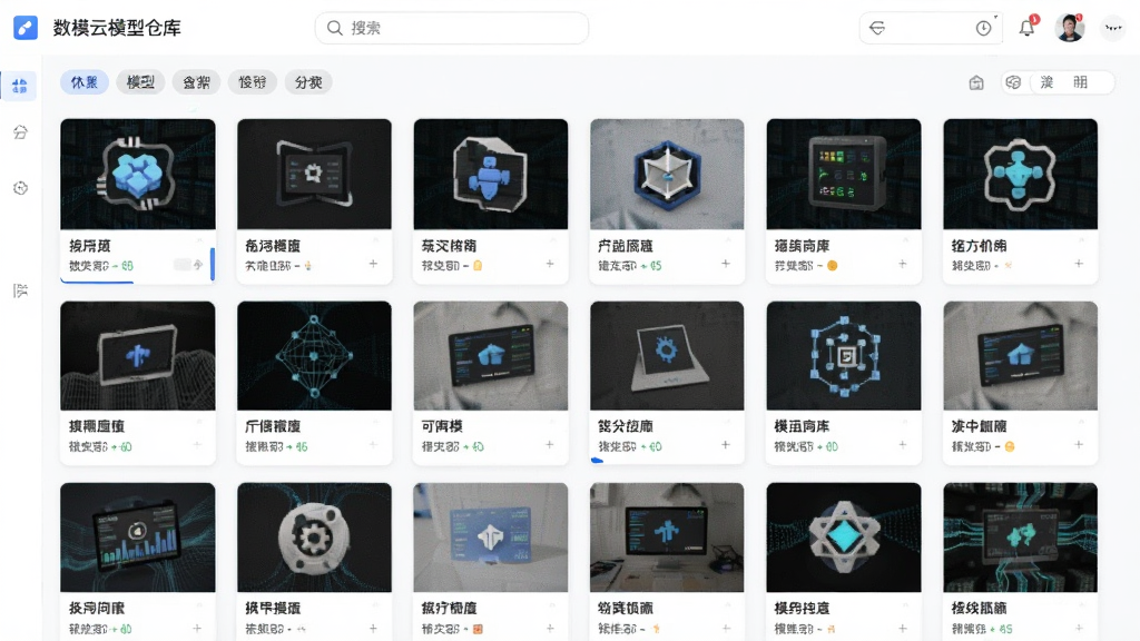 数模云模型仓库界面展示,主体为分类排列的模型卡片墙,每张卡片显示模型名称与缩略图,布局采用网格形式,排版整齐,风格清新明亮,细节包含搜索框和分类标签,画质干净,无多余元素