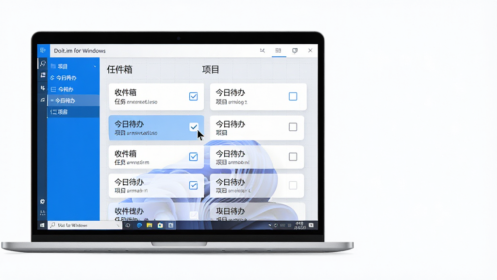 主体:一台运行着Doit.im for Windows的笔记本电脑,屏幕显示清晰的任务清单列表,界面以蓝白为主色调。布局:电脑位于画面中央偏左,右侧留白,整体采用平视视角。排版:任务列表以卡片式排列,每张卡片上显示任务标题和勾选框,背景有柔和的浅灰色网格。风格:现代扁平化设计,色彩清新明快,商务办公氛围。细节:屏幕中可见“收件箱”、“今日待办”、“项目”等中文标签,鼠标光标悬停在其中一个任务上。画质:4K超清,细节丰富,干净无多余元素。