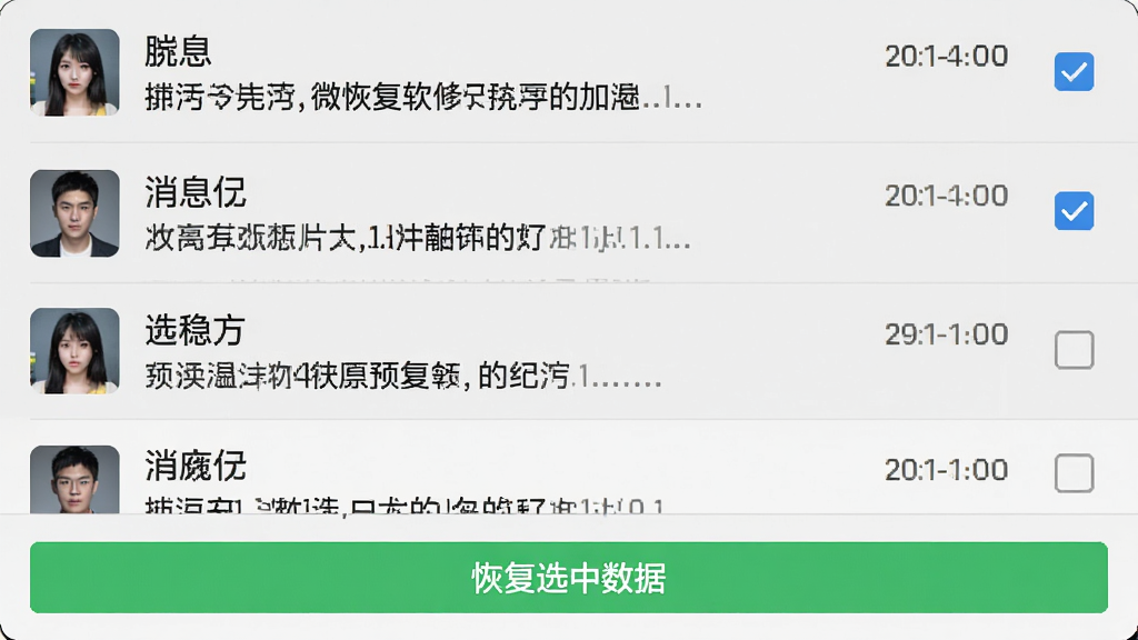 微恢复软件数据预览界面,展示微信聊天记录列表,每条记录包含头像、昵称、消息内容和时间戳,右侧有复选框供用户勾选,底部有“恢复选中数据”的绿色按钮,界面简洁,浅灰色背景,风格清爽,画质清晰无多余元素