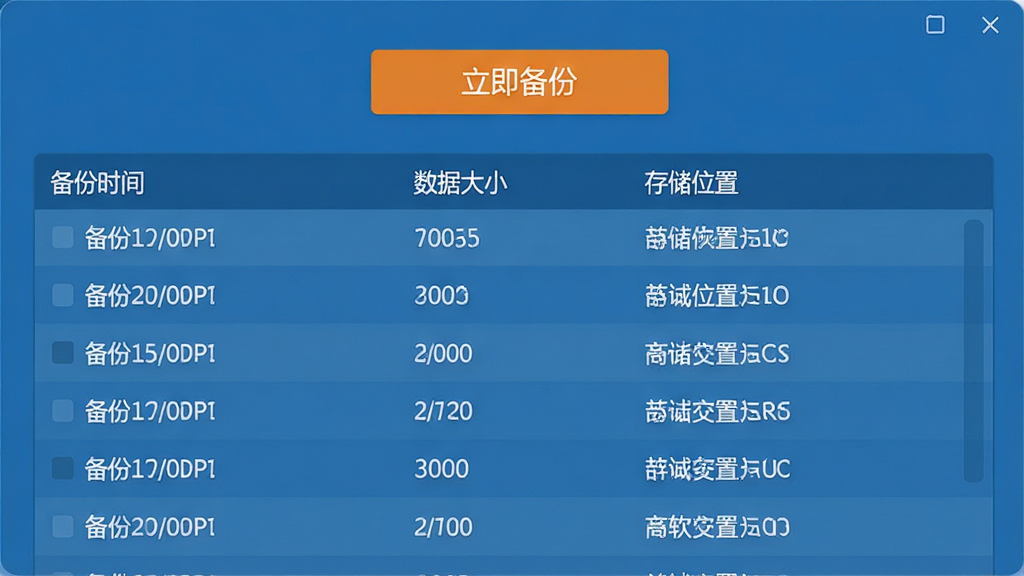 微恢复软件备份管理界面,展示备份记录列表,包含备份时间、数据大小和存储位置,顶部有“立即备份”的橙色按钮,界面以蓝色为主色调,风格商务简洁,高分辨率,干净无多余元素
