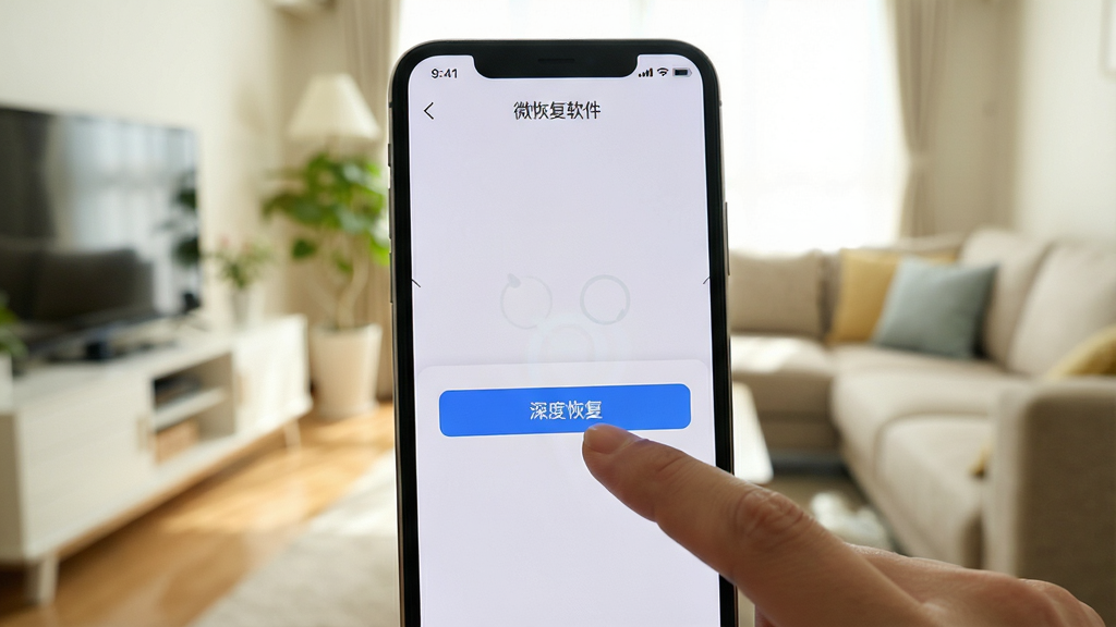 微恢复软件在手机上的使用截图,展示手机屏幕上的操作界面,用户手指点击“深度恢复”按钮,手机背景为客厅环境,画面清晰,光线充足,风格写实,画质干净无多余元素