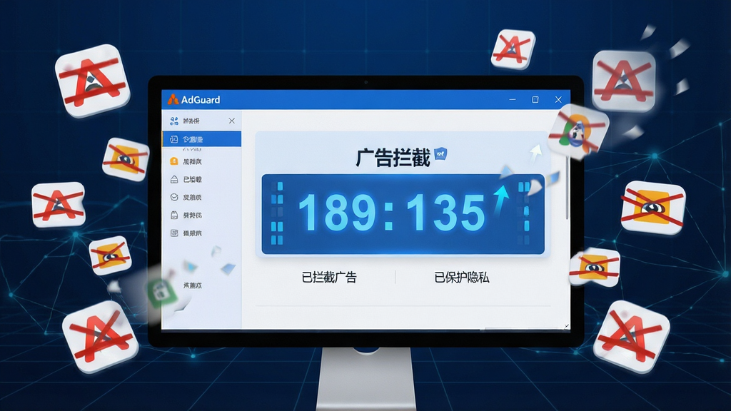 主体:AdGuard软件界面在电脑屏幕上的全貌展示,周围环绕着被拦截的广告图标碎片。布局:中心构图,界面占据画面主体,图标碎片环绕四周。排版:界面清晰显示“广告拦截”统计数字,下方有“已拦截广告”、“已保护隐私”等中文标签。风格:现代科技感,色调以蓝色和白色为主,界面简洁明亮。细节:拦截数字动态跳动,广告碎片逐渐淡出消失,背景有微弱的网络线条网格。画质:高清渲染,干净无多余元素。