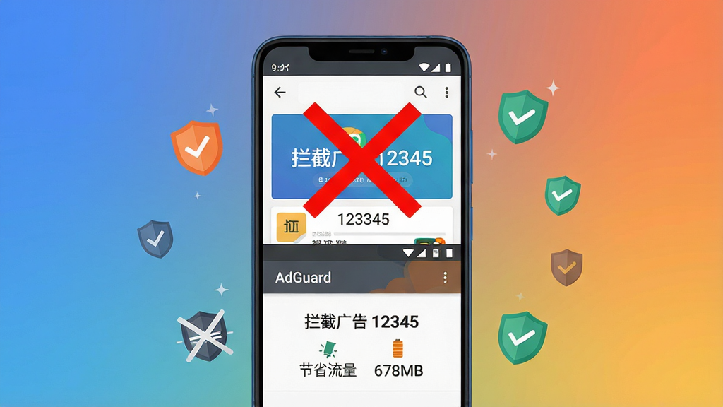 主体:一部安卓手机竖屏展示,屏幕分为上下两部分,上半部分显示有广告的页面(标红叉),下半部分显示AdGuard拦截统计面板。布局:手机位于画面中央,背景为渐变色。排版:屏幕上的中文文字清晰可见:“拦截广告 12345”、“节省流量 678MB”。风格:扁平化插画风格,色彩鲜明活泼。细节:手机周围有细小的拦截成功图标(盾牌、对勾)飘动,背景干净。画质:高清,干净无多余元素。