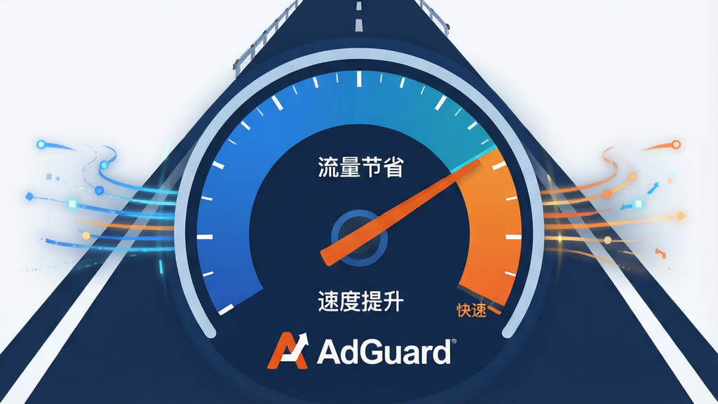 主体:一个速度仪表盘,指针指向“快速”区域,仪表盘下方有AdGuard品牌标志。布局:仪表盘居中,背景为简洁的线条道路。排版:仪表盘上有中文“流量节省”、“速度提升”字样。风格:扁平化设计,蓝橙配色。细节:仪表盘周围有数据流动的光效,背景干净。画质:高清,干净无多余元素。