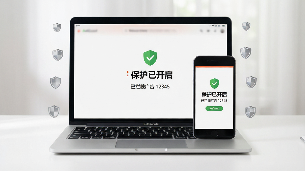 主体:一台笔记本电脑和一部手机并排摆放,屏幕上均显示AdGuard的“保护已开启”界面。布局:设备居中,背景为白色桌面。排版:屏幕上的中文文字:“保护已开启”、“已拦截广告 12345”。风格:写实风格,光线柔和。细节:设备周围有细小的盾牌图标环绕。画质:高清,干净无多余元素。