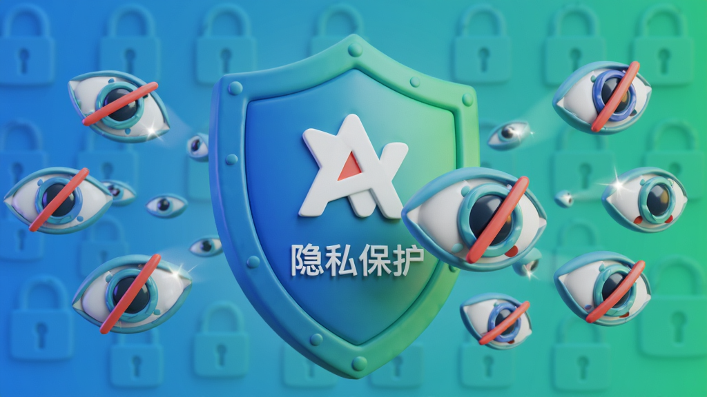 主体:一个盾牌图标将多个跟踪眼睛图标挡在外面,盾牌上有AdGuard标志。布局:盾牌居中,眼睛图标从四周消散。排版:盾牌上带有中文“隐私保护”字样,背景有锁形图案。风格:3D渲染风格,蓝色与绿色色调。细节:眼睛图标带有红色斜杠,光线效果柔和。画质:高清渲染,干净无多余元素。