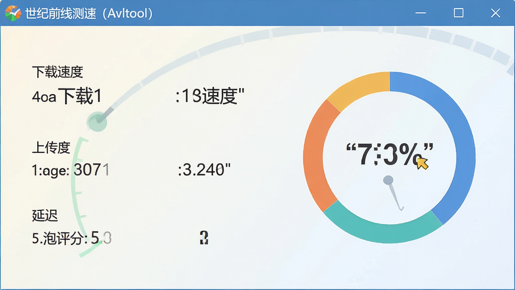 一张带宽测速结果展示图,主体为“世纪前线测速(Avltool)”软件界面,显示下载速度、上传速度、延迟数值以及一个圆环形的质量评分表,背景为浅色渐变,整体风格扁平化,布局对称,排版美观,细节精细,画质高,干净无多余元素,图片文字需加引号。