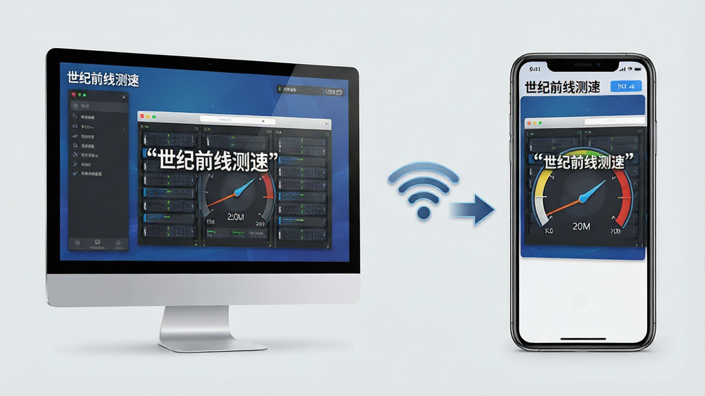 一张电脑端与移动端对比使用示意图,主体为左侧是一台台式机显示器显示“世纪前线测速”运行界面,右侧是一部智能手机屏幕显示相同远程测速画面,中间有Wi-Fi图标与箭头,背景为浅灰色,布局左右对称,排版清晰,风格科技感,细节逼真,画质高,干净无多余元素,图片文字需加引号。