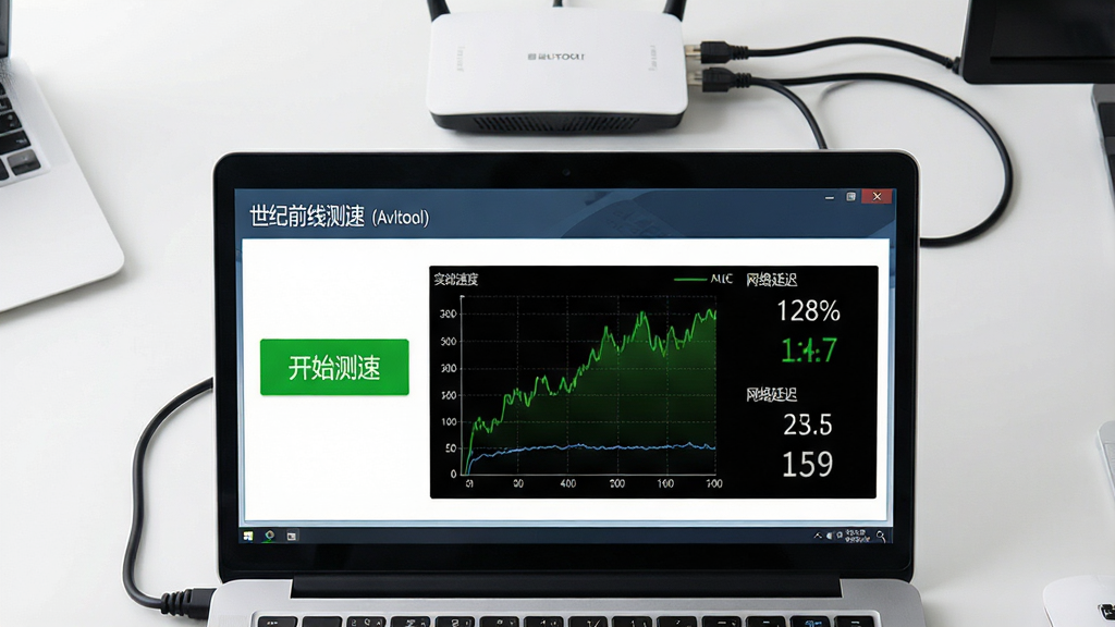 一张高清产品展示图,主体为笔记本电脑屏幕中显示“世纪前线测速(Avltool)”软件主界面,界面包含绿色“开始测速”按钮、实时速度曲线图和网络延迟数字,背景为整洁的办公桌,上方有路由器与网线,整体布局居中,排版清爽,风格写实,细节清晰,画质细腻,干净无多余元素,图片文字需加引号。