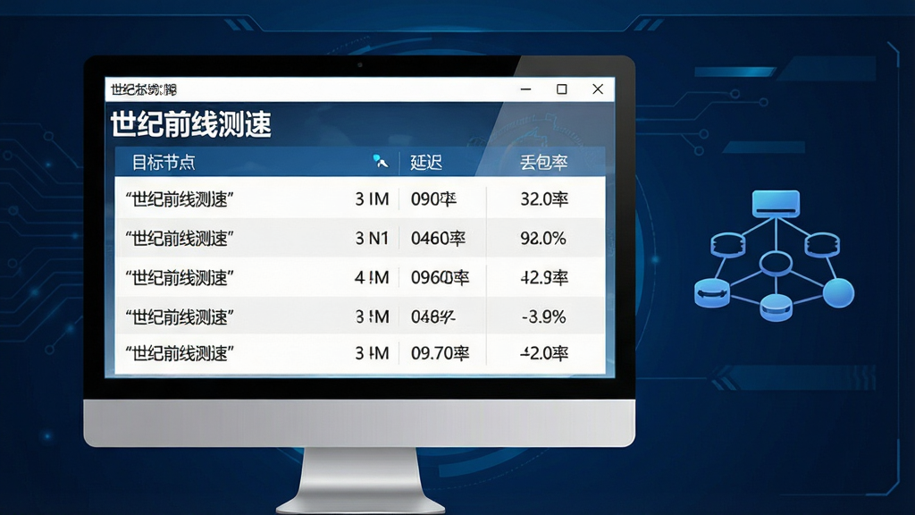 一张功能示意图,主体为电脑屏幕中显示“世纪前线测速”软件延迟测试结果,包含多个目标节点名称、延迟时间与丢包率百分比,旁边有小型网络拓扑图标,背景为深蓝色科技感界面,布局清晰,排版规整,风格简洁,细节丰富,画质高清,干净无多余元素,图片文字需加引号。