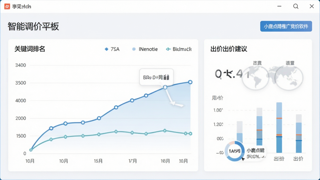 小鹿点睛推广竞价软件智能调价面板截图,显示关键词排名曲线与出价建议,界面简洁,专业数据可视化风格,浅色背景,高画质,干净无多余元素,软件名称置于右上角