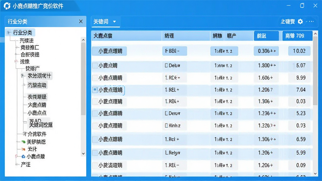 小鹿点睛推广竞价软件关键词挖掘功能截图,左侧行业分类树,右侧关键词列表带数据列,界面明亮清晰,科技蓝配色,画质高,干净无多余元素,软件名称显示在顶部