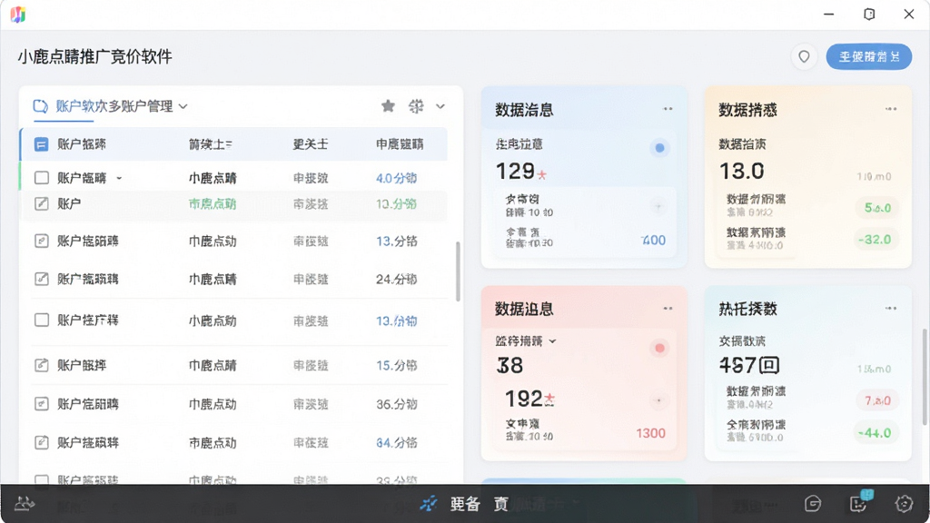 小鹿点睛推广竞价软件多账户管理界面截图,展示账户列表与数据汇总卡片,界面扁平化设计,色彩柔和,清晰无杂乱元素,高画质,软件名称显示在底部工具栏