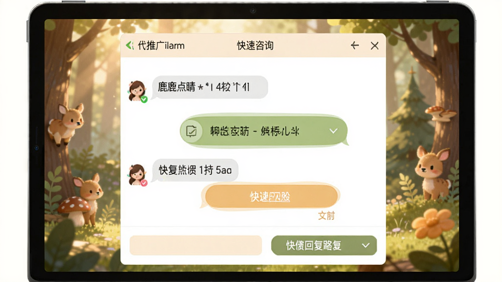 小鹿点睛推广竞价软件在线客服咨询界面截图,显示对话窗口与快捷回复按钮,界面温馨柔和,高画质,干净无多余元素