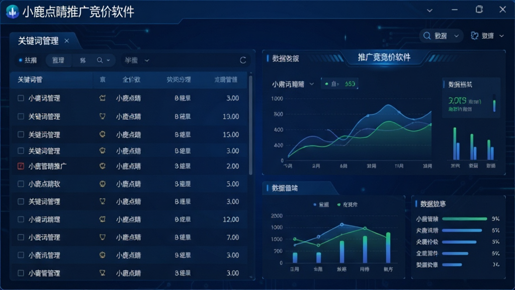 小鹿点睛推广竞价软件主界面截图,展示关键词管理列表与数据仪表盘,布局清晰,深蓝色科技风格,界面干净无多余元素,高画质,软件名称“小鹿点睛推广竞价软件”显示在左上角