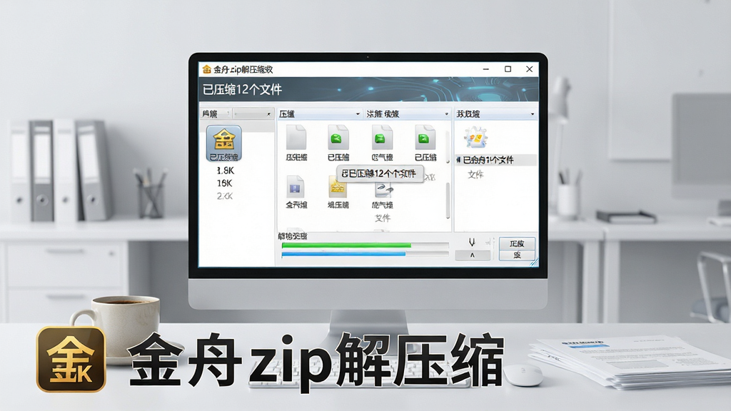 主体:金舟zip解压缩软件主界面悬浮在现代化办公桌上,屏幕清晰显示压缩包文件列表与解压进度条,旁边摆放着一杯咖啡和几份文件。布局:界面居中构图,软件窗口高亮展示,四周留白,背景为浅灰色调简约办公室。排版:前景突出软件logo与“金舟zip解压缩”文字标识。风格:写实产品宣传图,科技感与生活气息结合。细节:屏幕内显示“已压缩12个文件”等文案,字体清晰锐利;画质:8K超清,干净无多余元素。