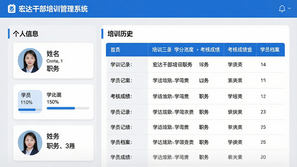 主体:“宏达干部培训管理系统”学员档案管理页面,展示学员信息卡片与培训记录列表。布局:页面分为左侧个人信息栏与右侧培训历史表格。排版:卡片式设计,头像、姓名、职务清晰。风格:浅灰背景配蓝色点缀,简洁清爽。细节:显示学分进度条与考核成绩,文字“学员档案”。画质:高清,干净,无多余元素。