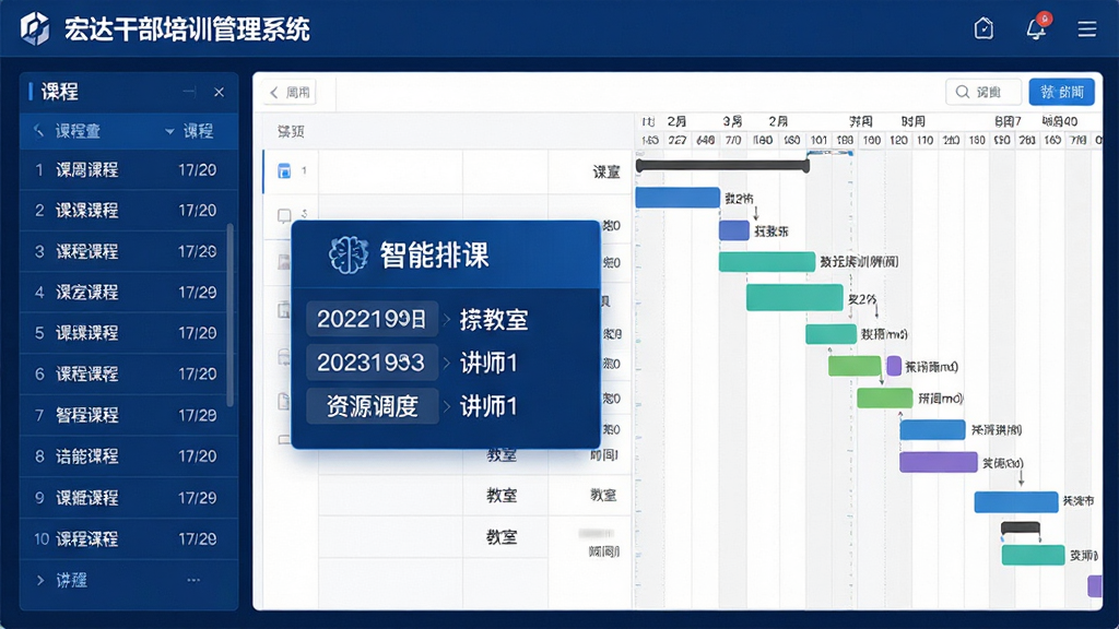 主体:“宏达干部培训管理系统”智能排课界面,屏幕上显示周课程表及资源调度图。布局:界面占满屏幕,左侧为课程列表,右侧为时间轴甘特图。排版:清晰表格与色块。风格:深蓝与白色搭配,专业大气。细节:突出“智能排课”模块,日期、教室、讲师信息完整。画质:高清,干净,无多余元素。