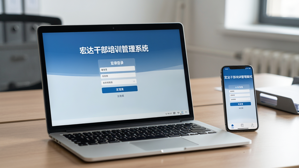 主体:宏达干部培训管理系统在笔记本电脑上运行的实拍场景,屏幕显示登录界面,旁边有手机展示移动端页面。布局:电脑与手机并排,背景为办公桌。排版:自然摆放。风格:真实生活感,光线柔和。细节:屏幕中“宏达干部培训管理系统”字样可见。画质:高清,干净,无多余元素。