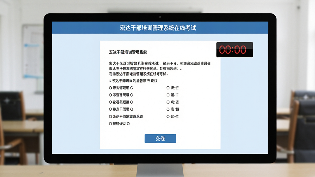 主体:“宏达干部培训管理系统”在线考试界面,屏幕上有试卷题目与倒计时。布局:题目居中,选项清晰,右上角计时器。排版:简洁试卷样式。风格:浅蓝背景,正式考试氛围。细节:顶部显示“宏达干部培训管理系统在线考试”,底部有交卷按钮。画质:高清,干净,无多余元素。