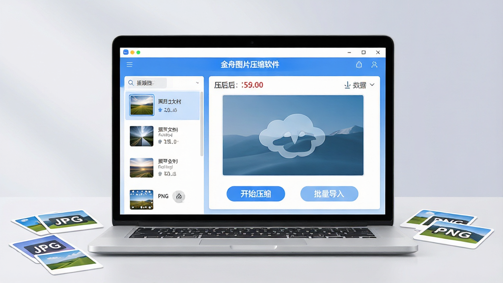 主体:一台打开的笔记本电脑屏幕上显示金舟图片压缩软件的清爽界面,界面左侧有图片列表,右侧显示压缩前后对比数据,桌面上散落着几张带有“JPG”“PNG”图标的图片卡片。布局:电脑居中,界面清晰可读,文字“金舟图片压缩软件”位于屏幕顶部。排版:界面采用左右分栏,左侧缩略图列表,右侧大预览窗,整体简洁有序。风格:现代扁平化设计,蓝白主色调,干净明亮。细节:界面按钮标注“开始压缩”“批量导入”,压缩前后文件大小数值对比明显,背景为柔和的浅灰色渐变。画质:高清渲染,细节丰富,干净,无多余元素。