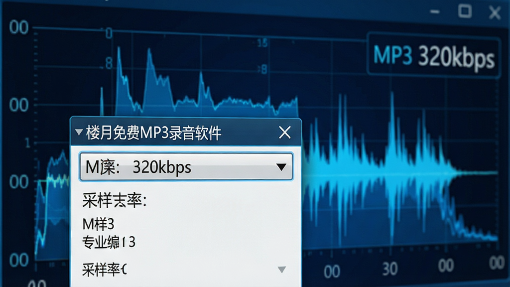 一幅展示录音音质设置的界面局部图,前景为“楼月免费MP3录音软件”的采样率下拉菜单,背景为频谱分析动态波形,整体色调蓝色科技感,强调高保真与专业级编码,文字标注“MP3 320kbps”,画质细腻,无多余元素