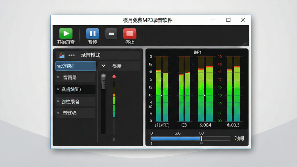 一张高清的软件主界面截图,背景为浅灰色渐变,居中展示“楼月免费MP3录音软件”主窗口,左侧为录音模式选择区,右侧为音量电平表与时间进度条,顶部工具栏包含“开始录音”“暂停”“停止”彩色图标,界面干净整洁,画质清晰,无多余元素