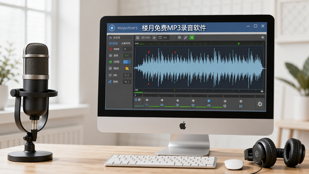 一张展示在电脑前使用“楼月免费MP3录音软件”的实景图,电脑屏幕上显示录音波形,旁边放着麦克风与耳机,环境明亮整洁,风格写实,画质高清,无多余元素