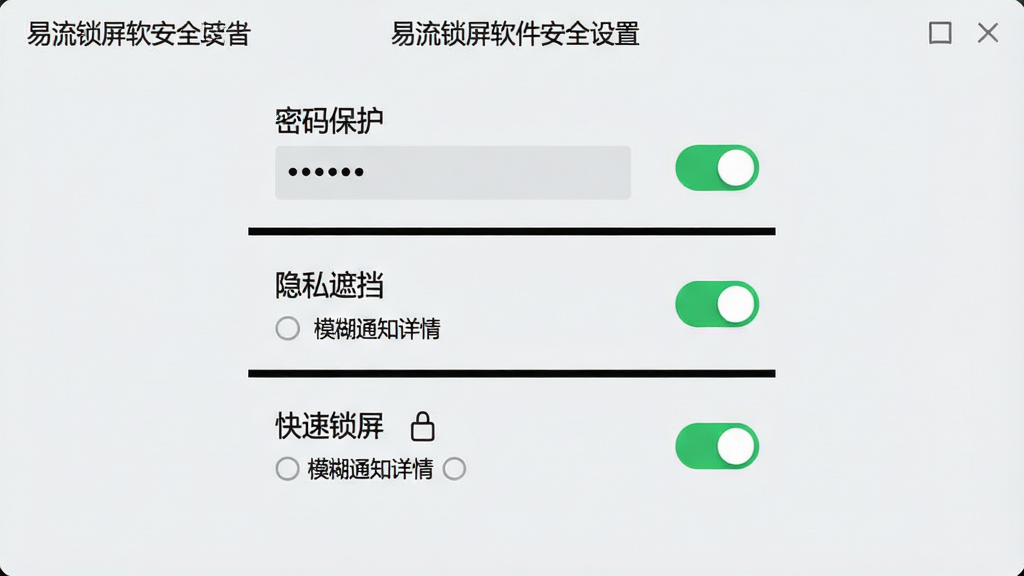 主体:易流锁屏软件的安全设置页面,包含“密码保护”、“隐私遮挡”、“快速锁屏”三个功能模块,每个模块旁有开关按钮。布局:页面居中,三个模块垂直排列,背景为浅灰色。排版:开关按钮为绿色,文字黑色,模块之间有明显分隔。风格:科技感扁平化设计。细节:密码输入框显示“”,隐私遮挡选项为“模糊通知详情”。画质:高清,干净,无多余元素。
