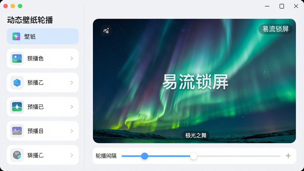 主体:易流锁屏软件的“动态壁纸轮播”功能设置界面,左侧是壁纸分类列表,右侧是预览大图,图片为一幅流动的极光动态壁纸。布局:界面采用左右分栏设计,分类列表占四分之一宽度,预览区占四分之三,底部有“轮播间隔”滑块。排版:整体为现代扁平化UI风格,圆角卡片,图标简洁。细节:预览图上叠加“易流锁屏”水印,壁纸名称标签为“极光之舞”。风格:明亮清爽的浅色主题。画质:高清,干净,无多余元素。