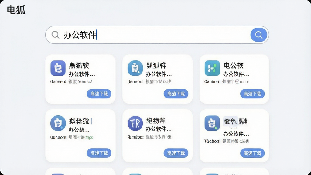 主体:电狐的搜索界面,输入框中显示“办公软件”。布局:搜索框位于界面上方,下方以瀑布流形式展示多个软件卡片,每个卡片有图标和简介。排版:卡片均匀排列,色彩柔和。风格:清爽的UI设计,浅色背景,圆角卡片。细节:每个卡片右下角有“高速下载”按钮,搜索框旁有放大镜图标,界面顶部有“电狐”字样。画质:清晰,干净,无多余元素。