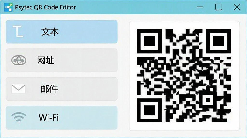 一张截图风格的图片,展示“Psytec QR Code Editor”软件中输入不同数据类型的界面,左侧有多个选项卡分别标注“文本”“网址”“邮件”“Wi-Fi”,右侧显示对应生成的二维码示例,界面简洁清晰,色调明亮,画质干净