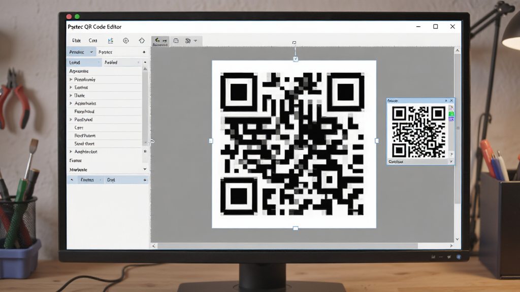一张电脑屏幕截图,显示“Psytec QR Code Editor”软件正在编辑一个二维码,右侧有预览窗口,左侧属性面板展开,周围有简单的工作台环境,屏幕光线柔和,画质干净