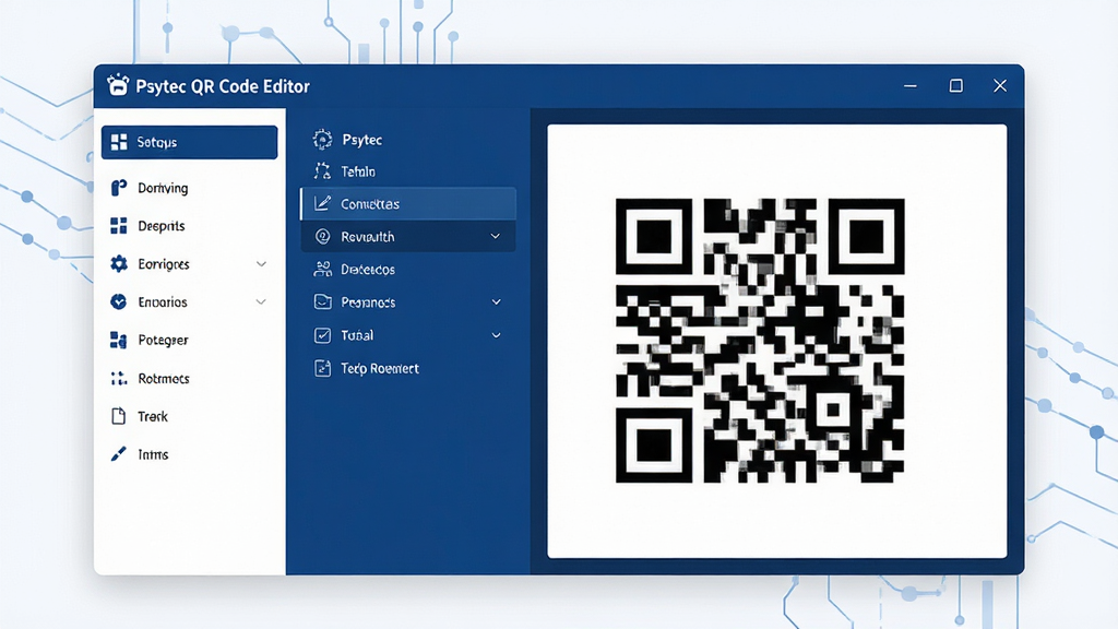 一张现代扁平化风格的主视觉图,画面中央是“Psytec QR Code Editor”软件界面预览图,布局清晰展示左侧功能栏与右侧二维码实时预览区域,主色调为深蓝与白色,强调专业与科技感,界面细节丰富,画质干净,无多余元素