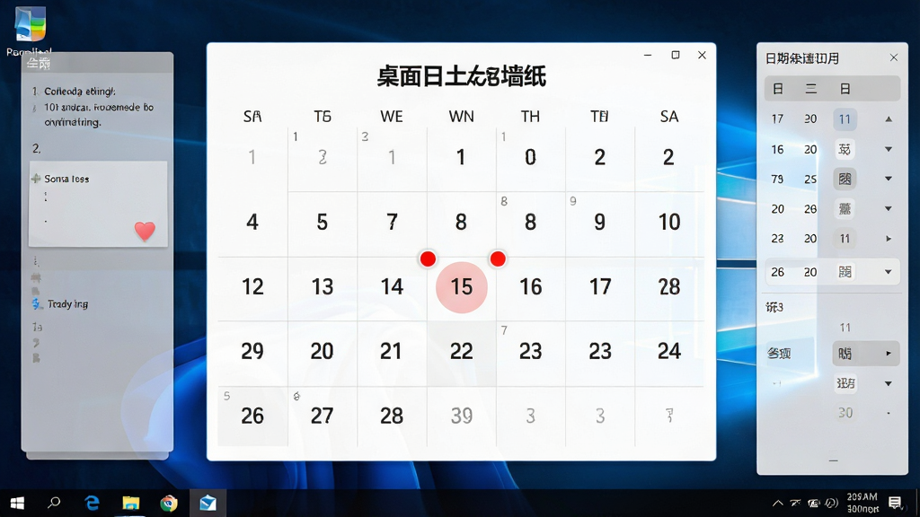 一张高清电脑桌面截图,主体为安装了“桌面日历墙纸”软件的Windows桌面,布局为壁纸中央显示超大当月日历,左侧叠加半透明便签,右侧为日期快捷设置面板,排版干净整洁,风格为现代极简扁平化,细节包括日历数字高亮今日日期并标注红色圆点,画质清晰,干净无多余元素。