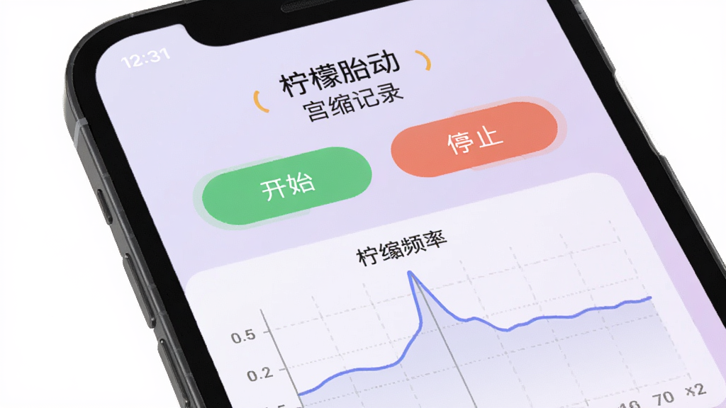 手机屏幕显示“柠檬胎动”宫缩记录界面,有开始和停止按钮,下方以折线图展示宫缩频率,背景为淡紫色渐变,界面简洁清晰,UI设计风格,高分辨率,画面干净,无多余元素