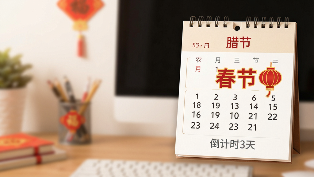 一张“桌面日历墙纸”日历特写图,主体为日历面板上显示的农历腊月与春节倒计时,布局在桌面右下角悬浮,排版简洁,风格为温馨喜庆,细节包括“春节”二字带红色灯笼图标,日期下方有“倒计时3天”灰色小字,画质干净,无多余元素。