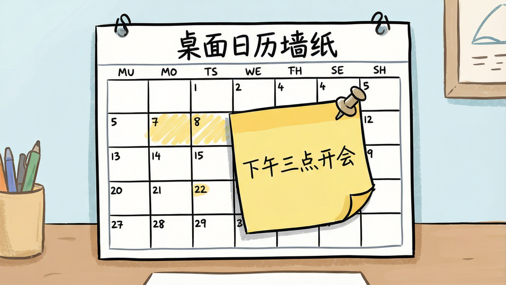 一张“桌面日历墙纸”便签功能演示图,主体为日历中某日期上弹出黄色便签框,上面手写体写着“下午三点开会”,布局在桌面中央,排版自然,风格为轻松手绘涂鸦风,细节包括便签右上角有图钉图标,画质干净,无多余元素。