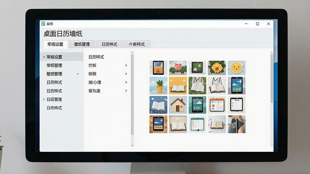 一张电脑屏幕显示“桌面日历墙纸”设置界面的图片,主体为设置窗口,左侧分类菜单,右侧预览区,布局规整,风格为浅色扁平UI,细节包括“常规设置”、“壁纸管理”、“日历样式”等选项卡,画质干净,无多余元素。
