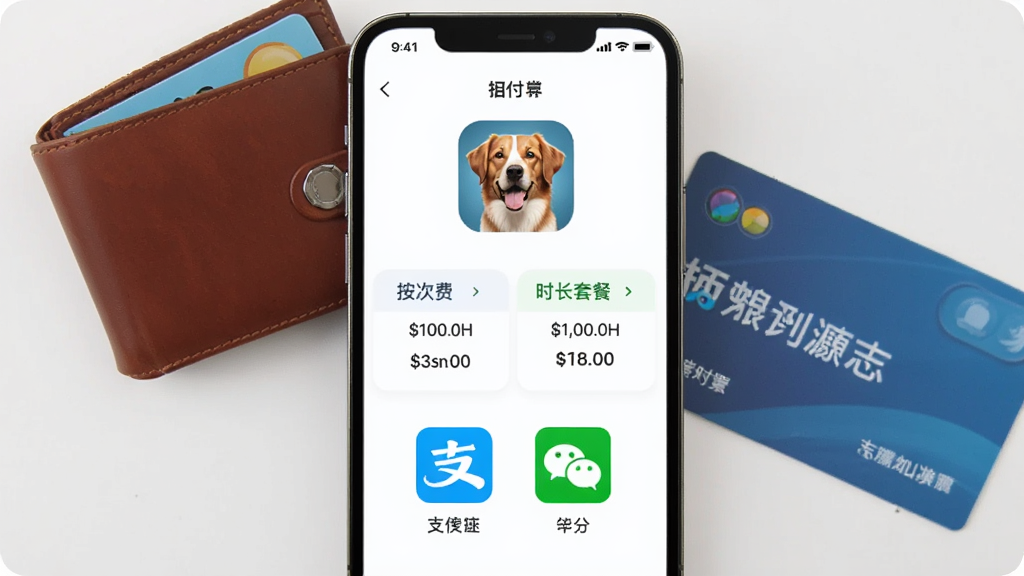金属狗APP支付页面展示,显示按次付费和时长套餐选项,价格清晰标注,界面简洁,有支付宝和微信支付图标,背景为手机钱包和健身卡,画面干净明亮,画质高清