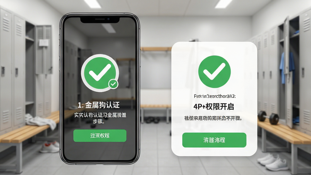 金属狗APP使用教程界面,展示实名认证和权限开启步骤,手机屏幕上有对勾图标,背景是健身房更衣室,画面干净,画质清晰,无多余元素