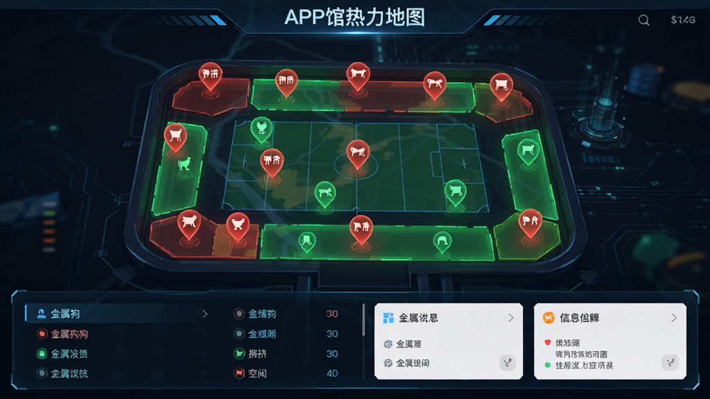 金属狗APP场馆热力地图界面,地图上分布着不同颜色的场馆标记,红色代表拥挤,绿色代表空闲,底部有场馆列表和信息卡片,界面科技感强,画面清晰,无多余元素