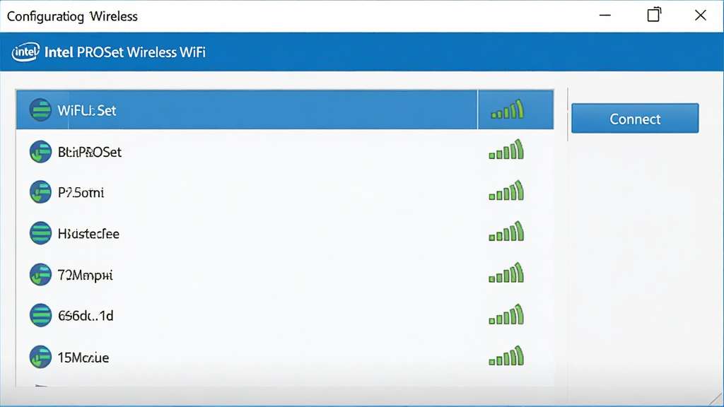 一张展示英特尔Intel PROSet无线Wifi软件无线网络配置界面的图片,界面中清晰列出多个WiFi网络名称和信号强度图标,右侧有连接按钮,整体风格简洁明了,画质清晰,无多余元素